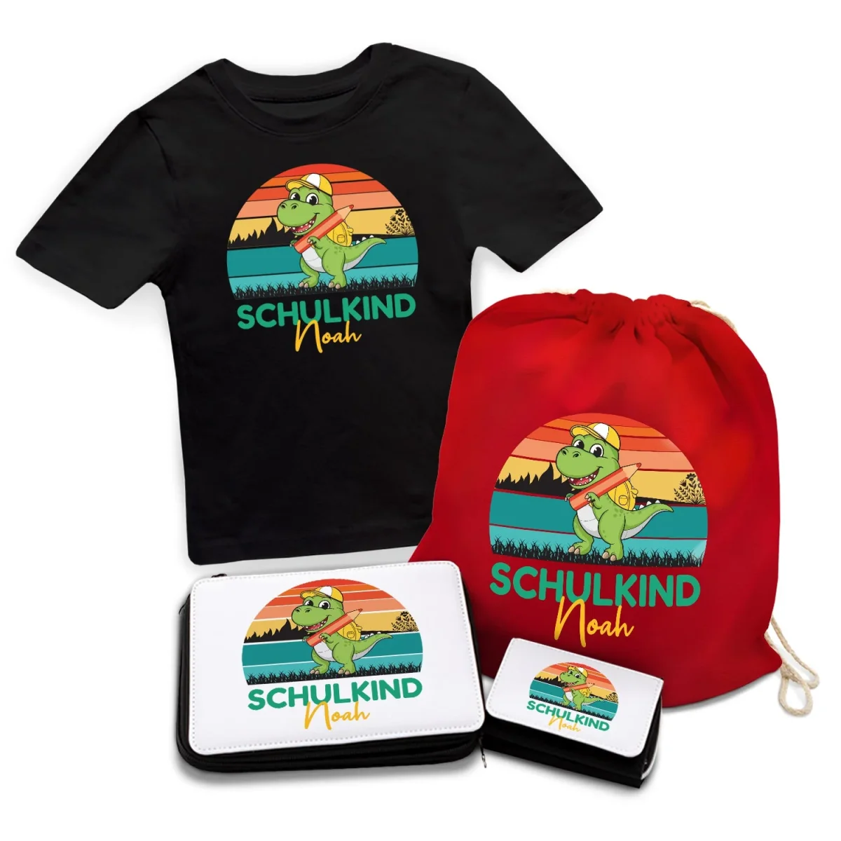 Personalisiertes Schulset - Dino - mit T-Shirt, Sportbeutel, Federmappe & Geldbörse – Image 5
