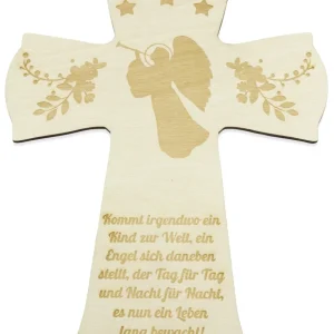 Taufkreuz aus Holz im Engel Motiv